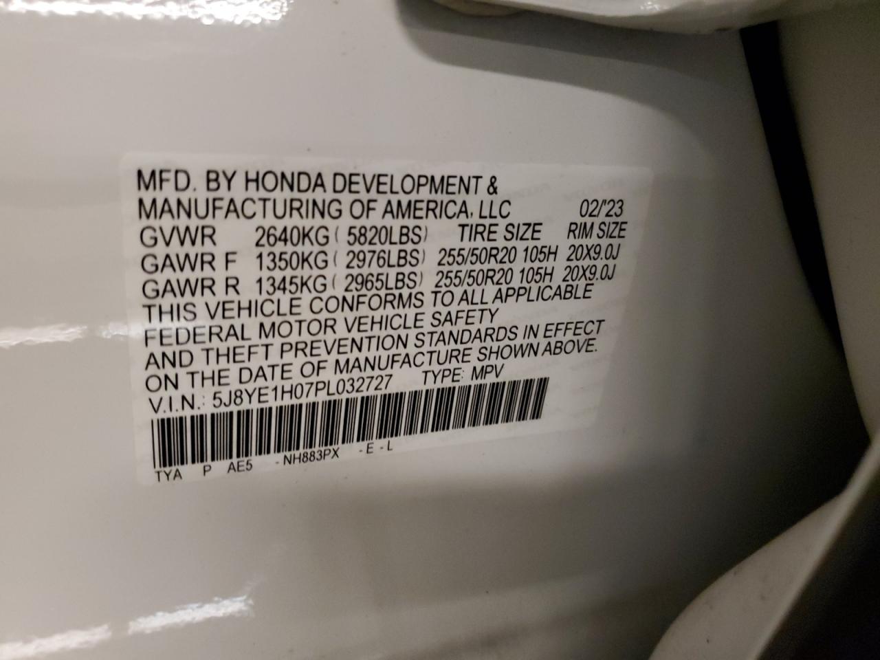 2023 ACURA MDX A-SPEC VIN:5J8YE1H07PL032727