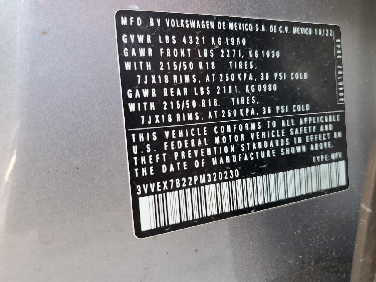 2023 VOLKSWAGEN TAOS SE VIN:3VVEX7B22PM320230