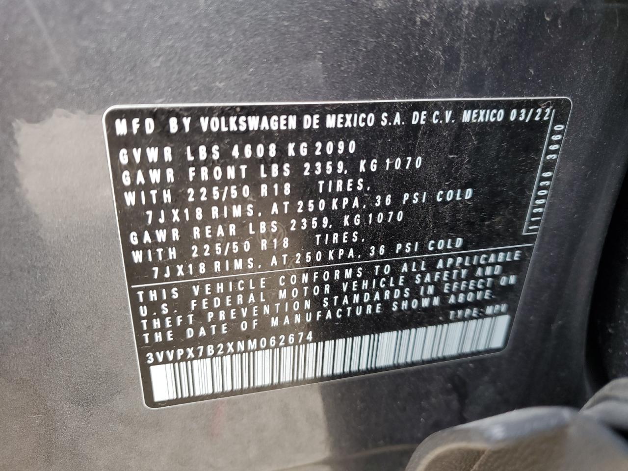 2022 VOLKSWAGEN TAOS SE IQ DRIVE VIN:3VVPX7B2XNM062674