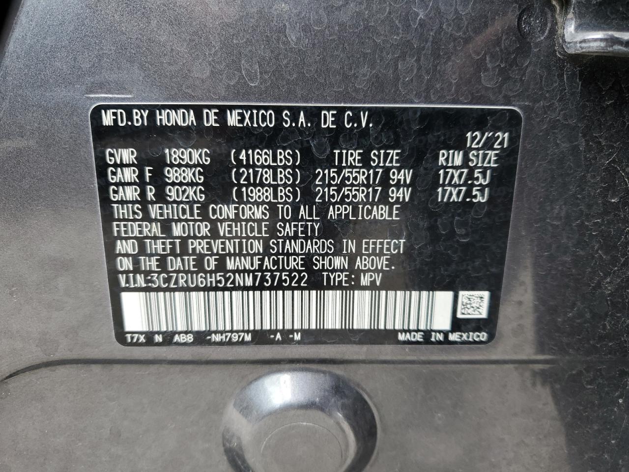 2022 HONDA HR-V EX VIN:3CZRU6H52NM737522