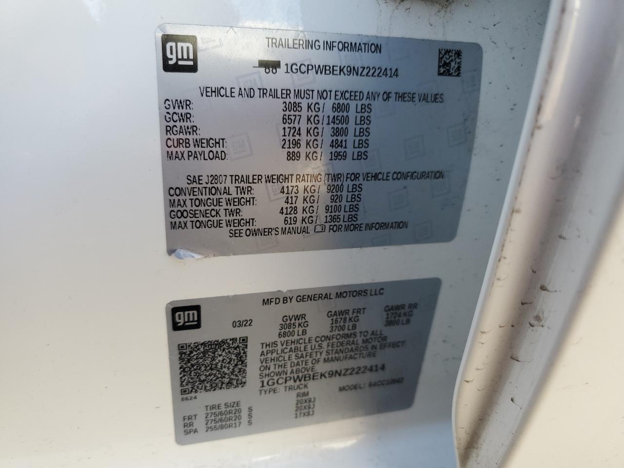 2022 CHEVROLET SILVERADO LTD C1500 CUSTOM VIN:1GCPWBEK9NZ222414