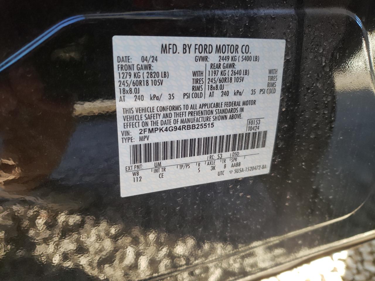 2024 FORD EDGE SE VIN:2FMPK4G94RBB25515