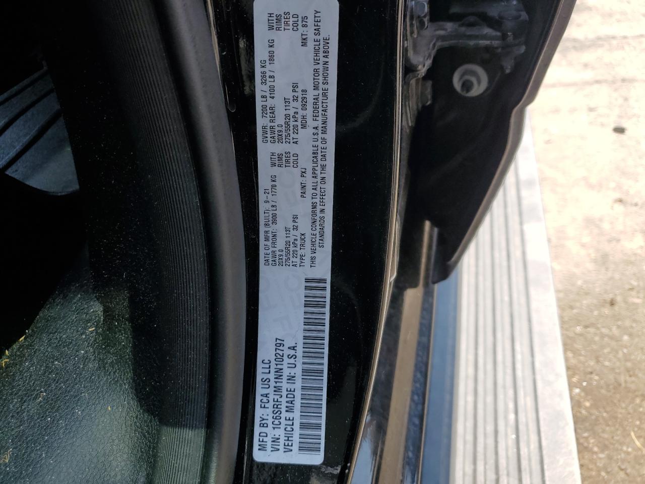 2022 RAM 1500 LARAMIE VIN:1C6SRFJM1NN102797