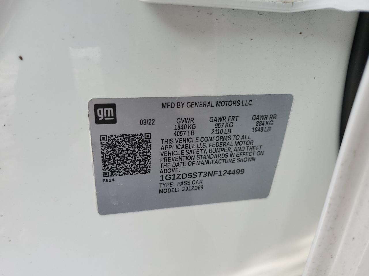 2022 CHEVROLET MALIBU LT VIN:1G1ZD5ST3NF124499