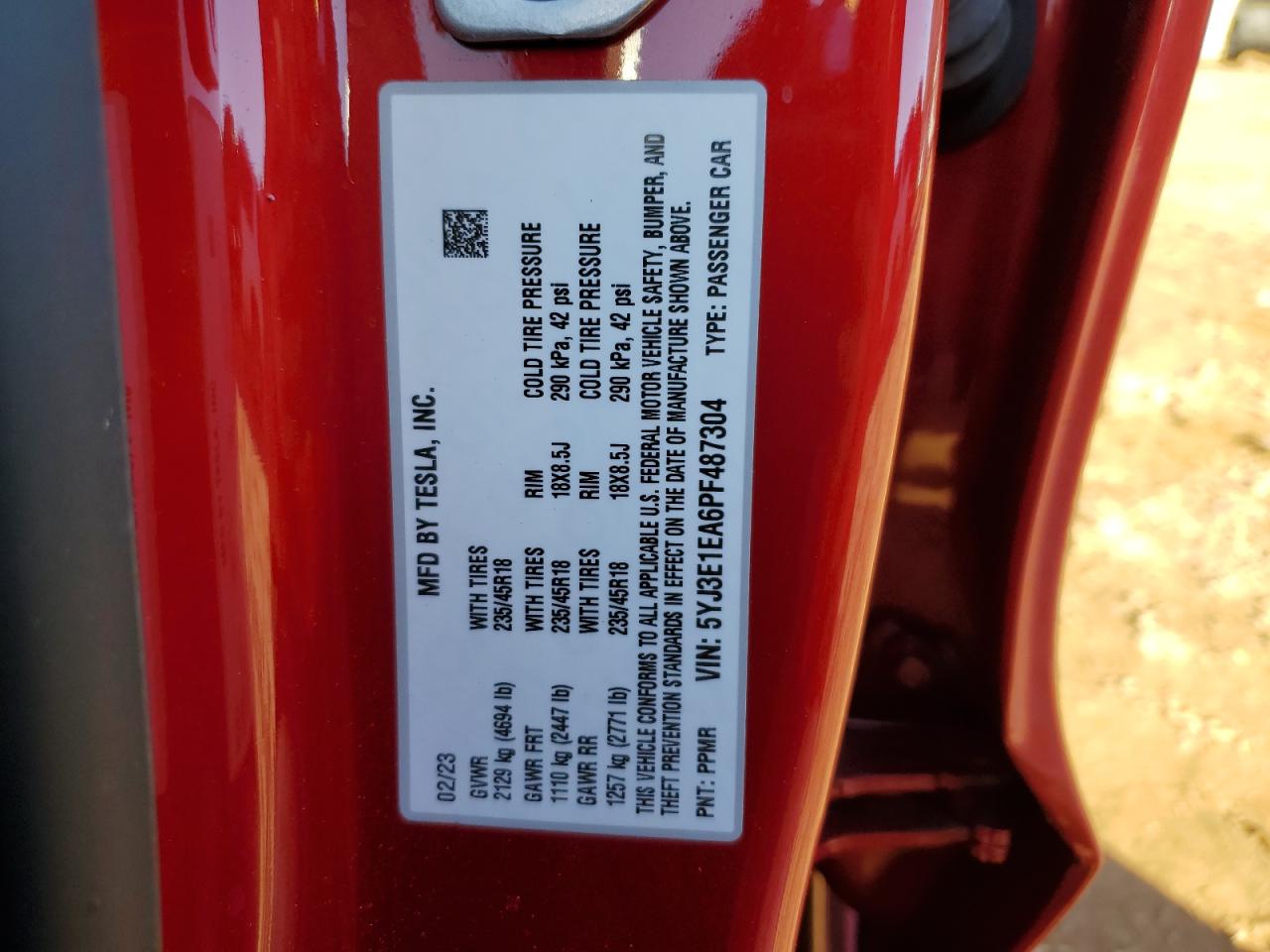 2023 TESLA MODEL 3  VIN:5YJ3E1EA6PF487304