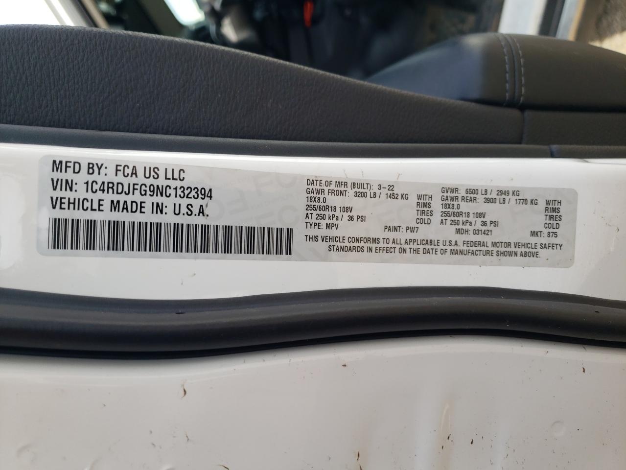 2022 DODGE DURANGO PURSUIT VIN:1C4RDJFG9NC132394