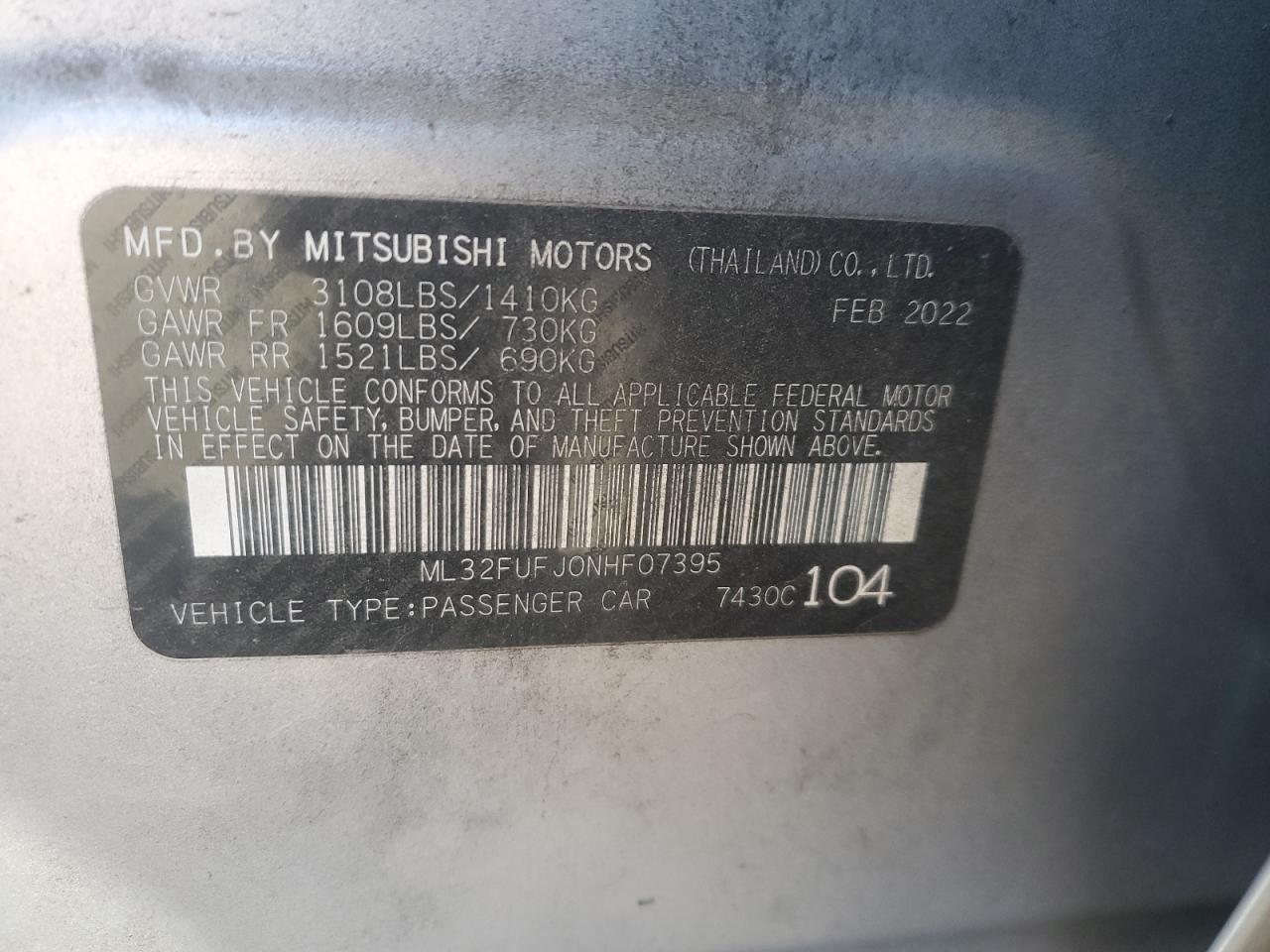 2022 MITSUBISHI MIRAGE G4 ES VIN:ML32FUFJ0NHF07395