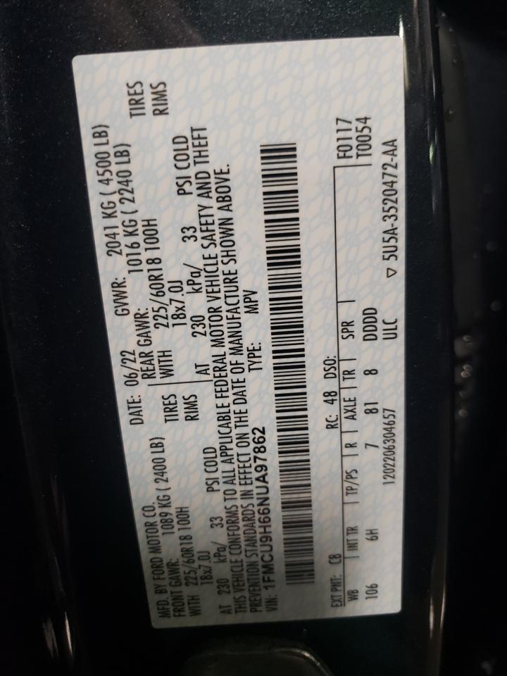 2022 FORD ESCAPE SEL VIN:1FMCU9H66NUA97862