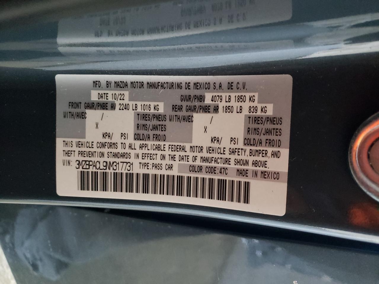 2022 MAZDA 3 PREFERRED VIN:3MZBPACL9NM317731