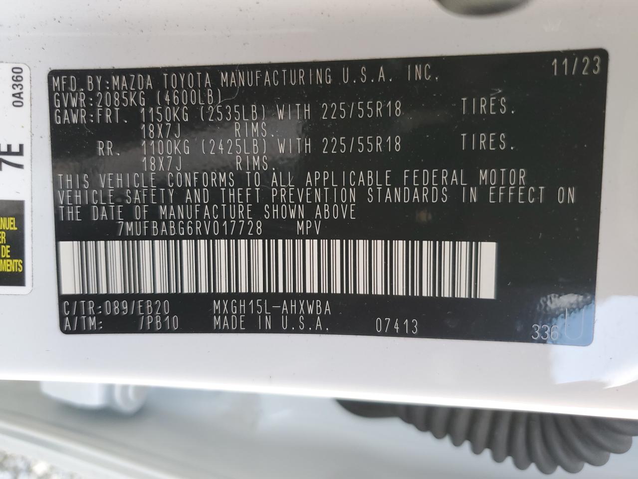 2024 TOYOTA COROLLA CROSS SE VIN:7MUFBABG6RV017728