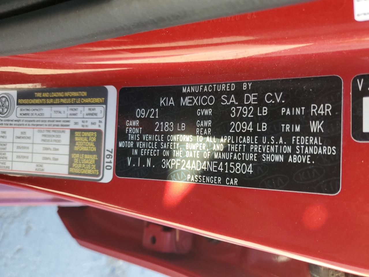 2022 KIA FORTE FE VIN:3KPF24AD4NE415804