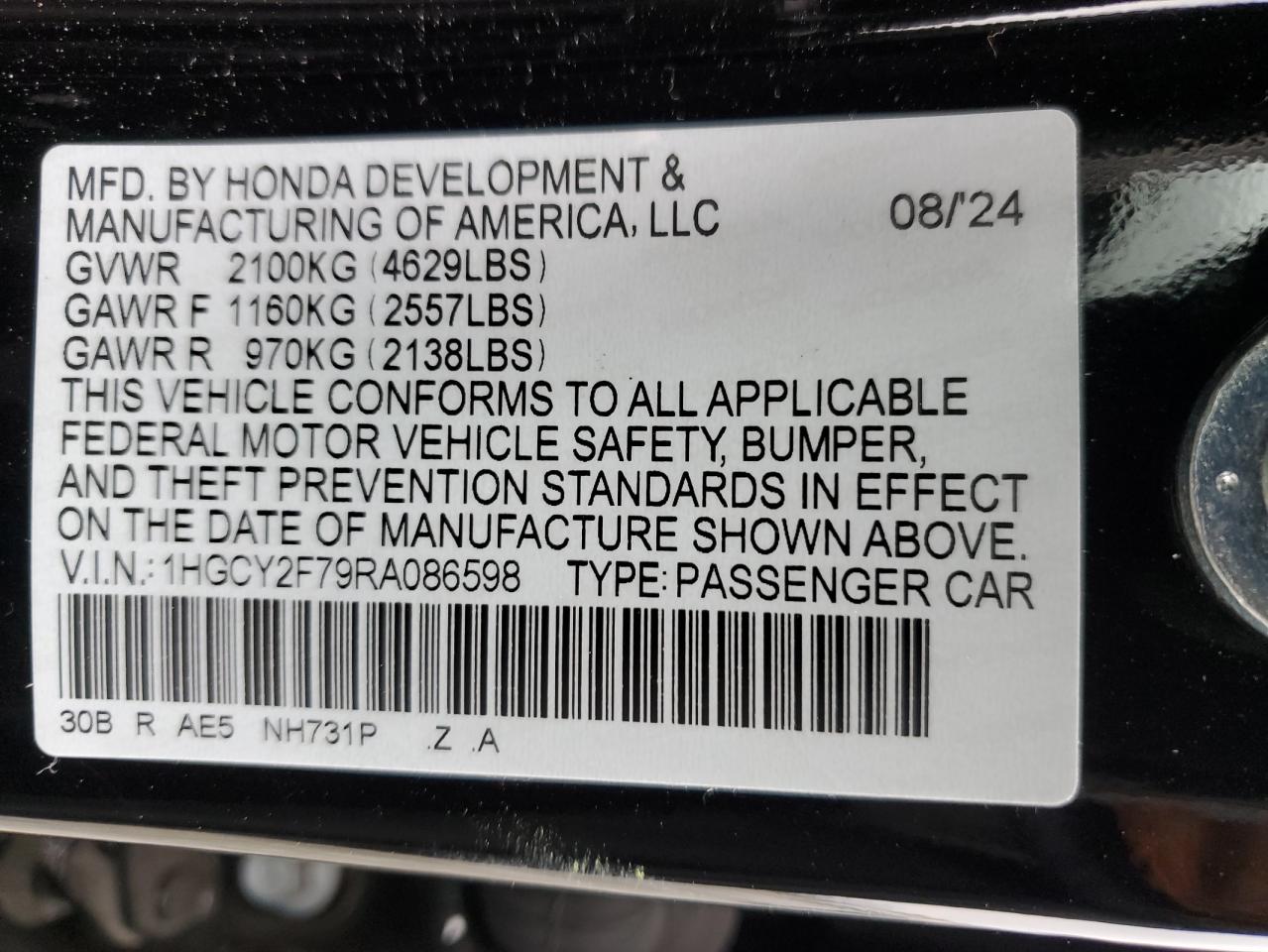 2024 HONDA ACCORD HYBRID SPORT-L VIN:1HGCY2F79RA086598