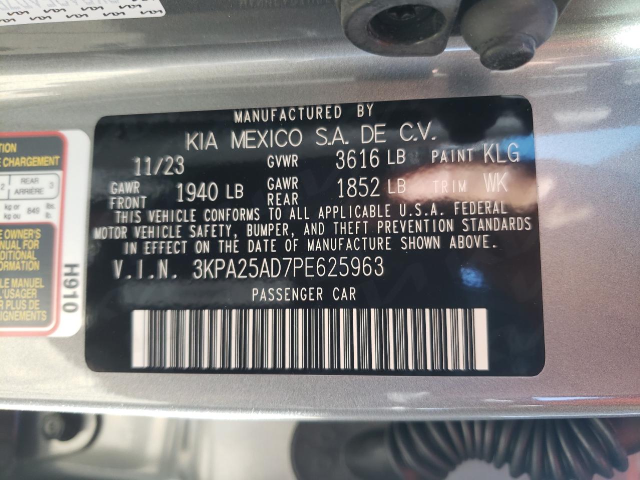 2023 KIA RIO S VIN:3KPA25AD7PE625963