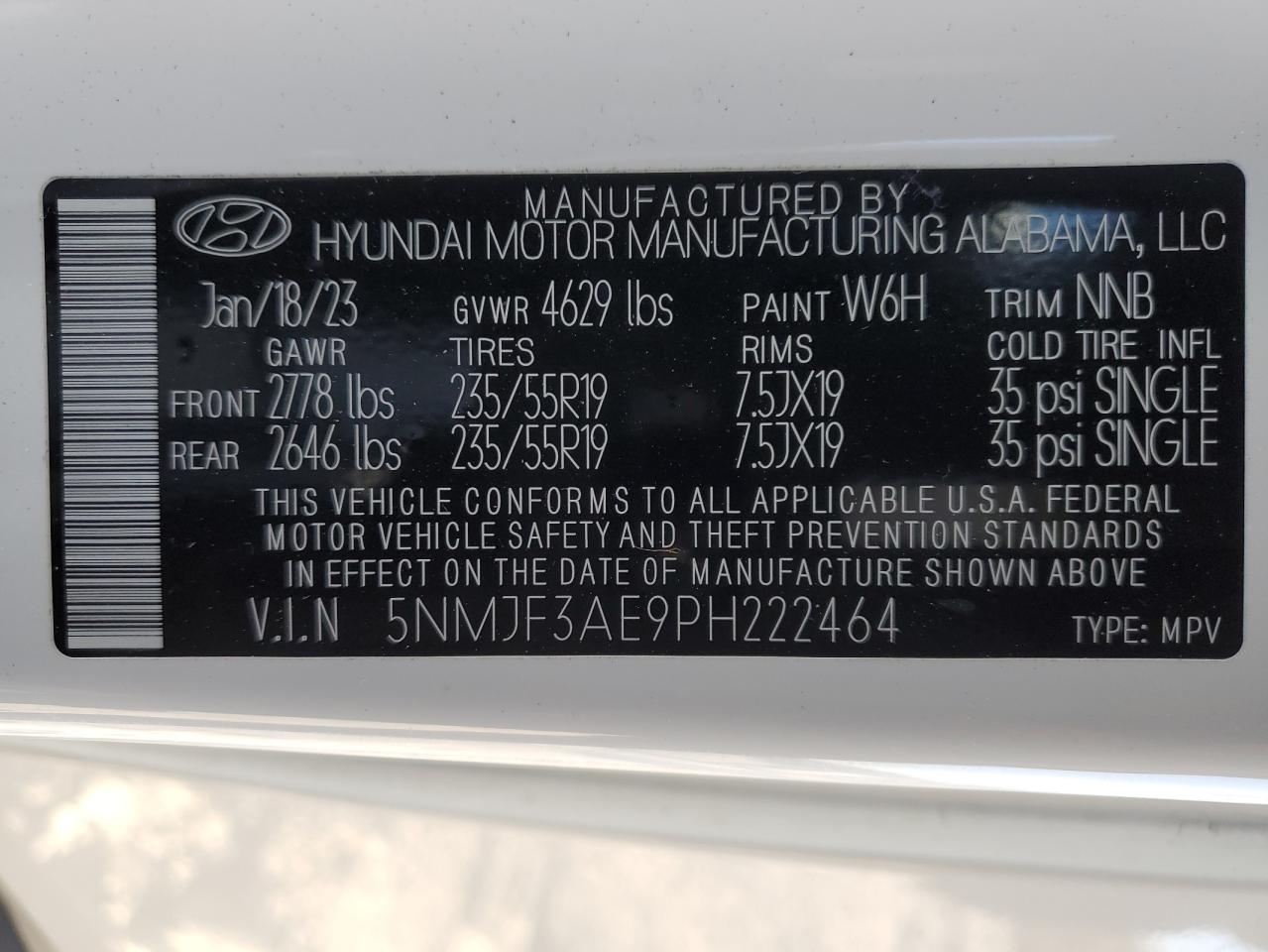 2023 HYUNDAI TUCSON SEL VIN:5NMJF3AE9PH222464
