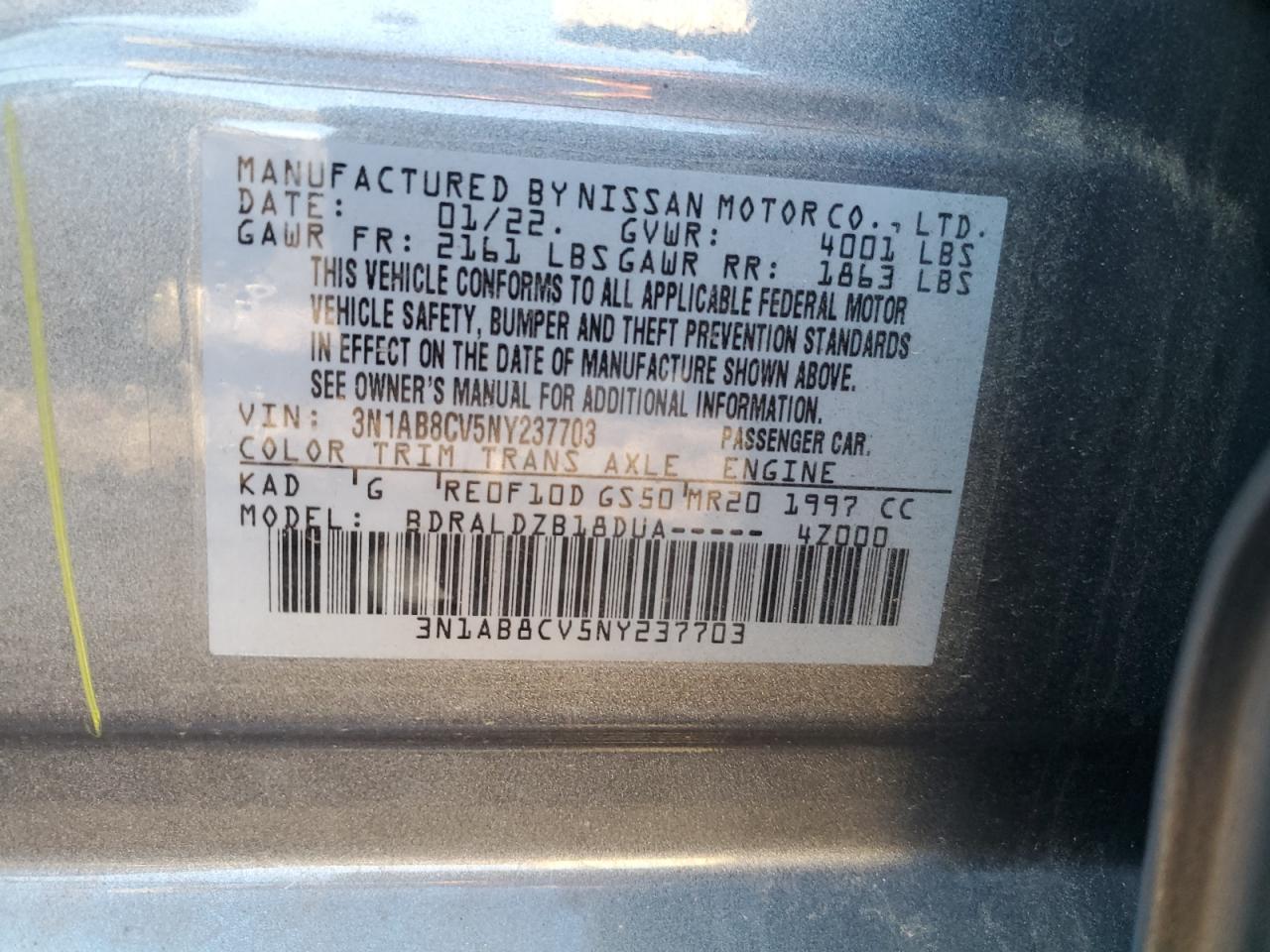 2022 NISSAN SENTRA SV VIN:3N1AB8CV5NY237703