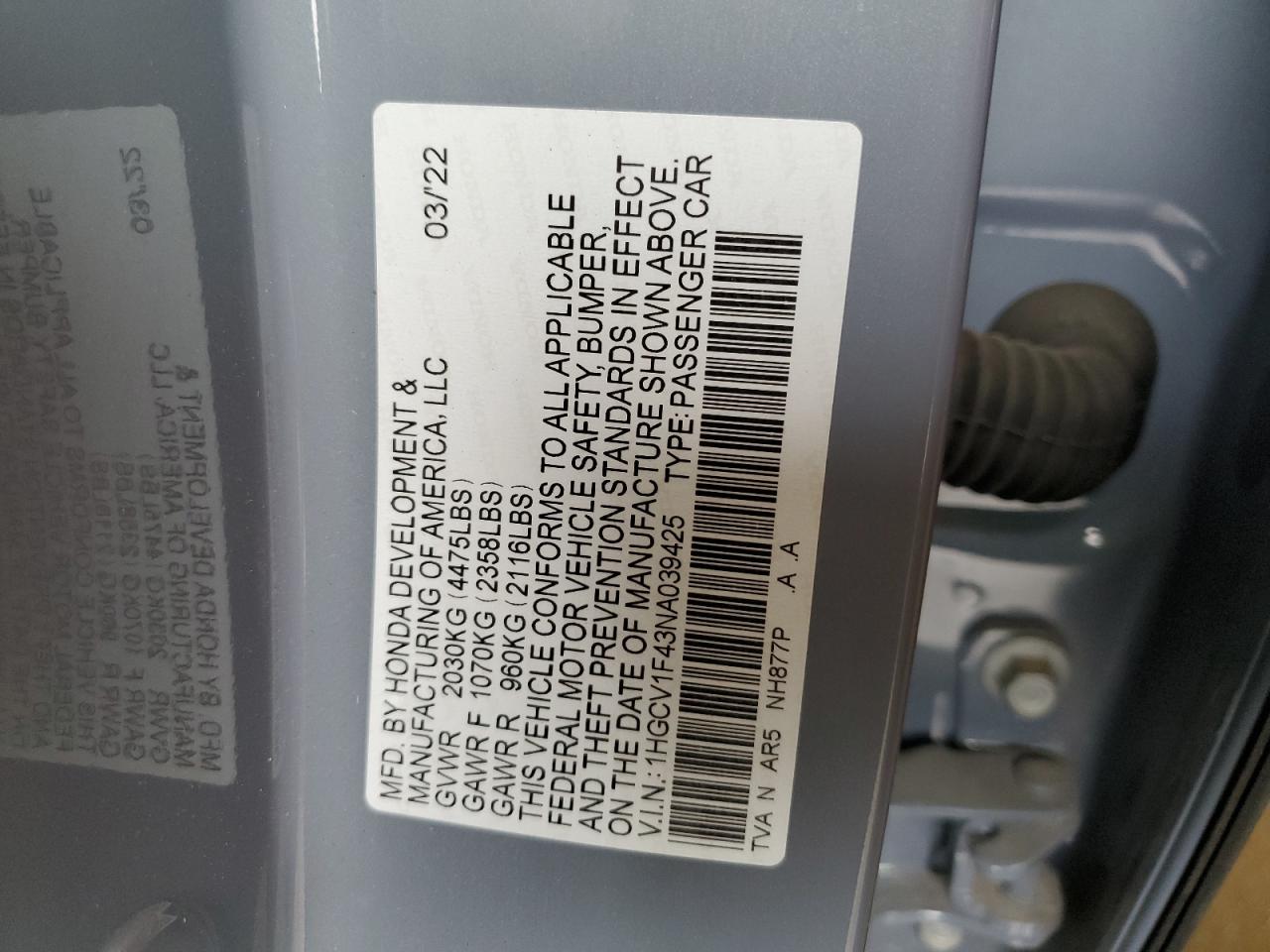 2022 HONDA ACCORD SPORT SE VIN:1HGCV1F43NA039425