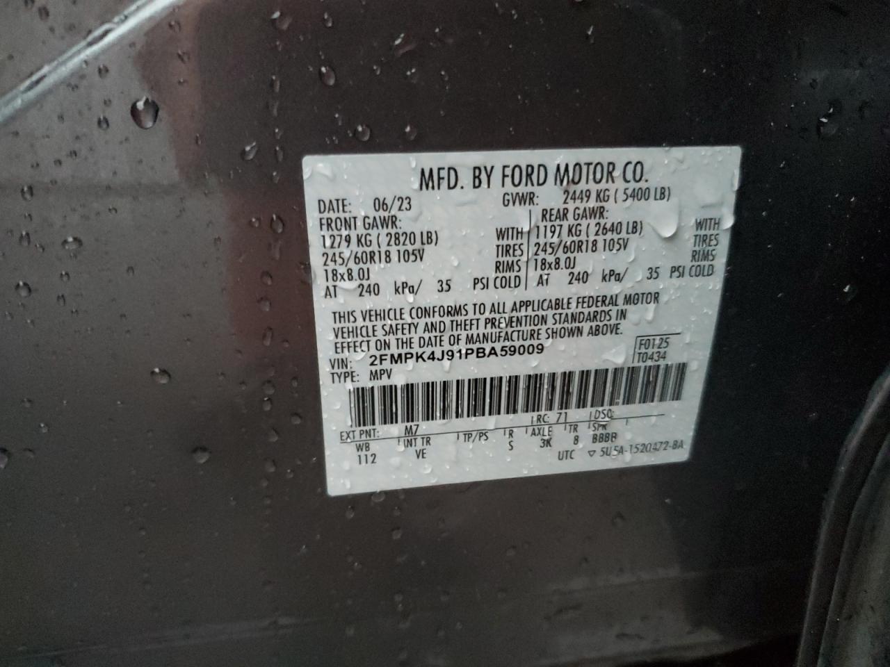 2023 FORD EDGE SEL VIN:2FMPK4J91PBA59009