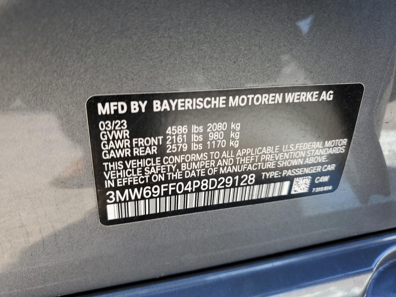 2023 BMW 330I  VIN:3MW69FF04P8D29128