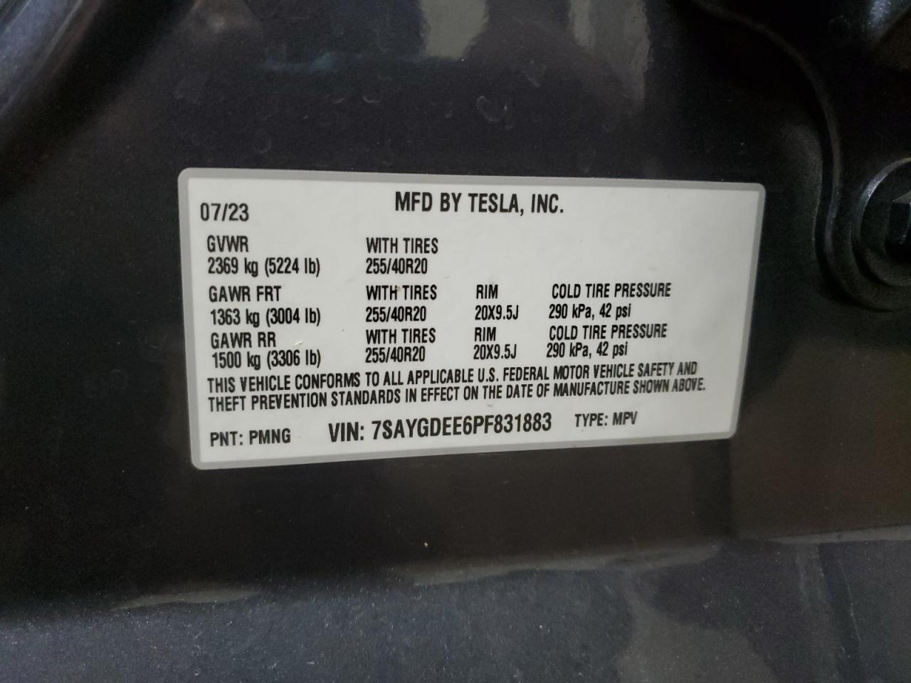 2023 TESLA MODEL Y  VIN:7SAYGDEE6PF831883