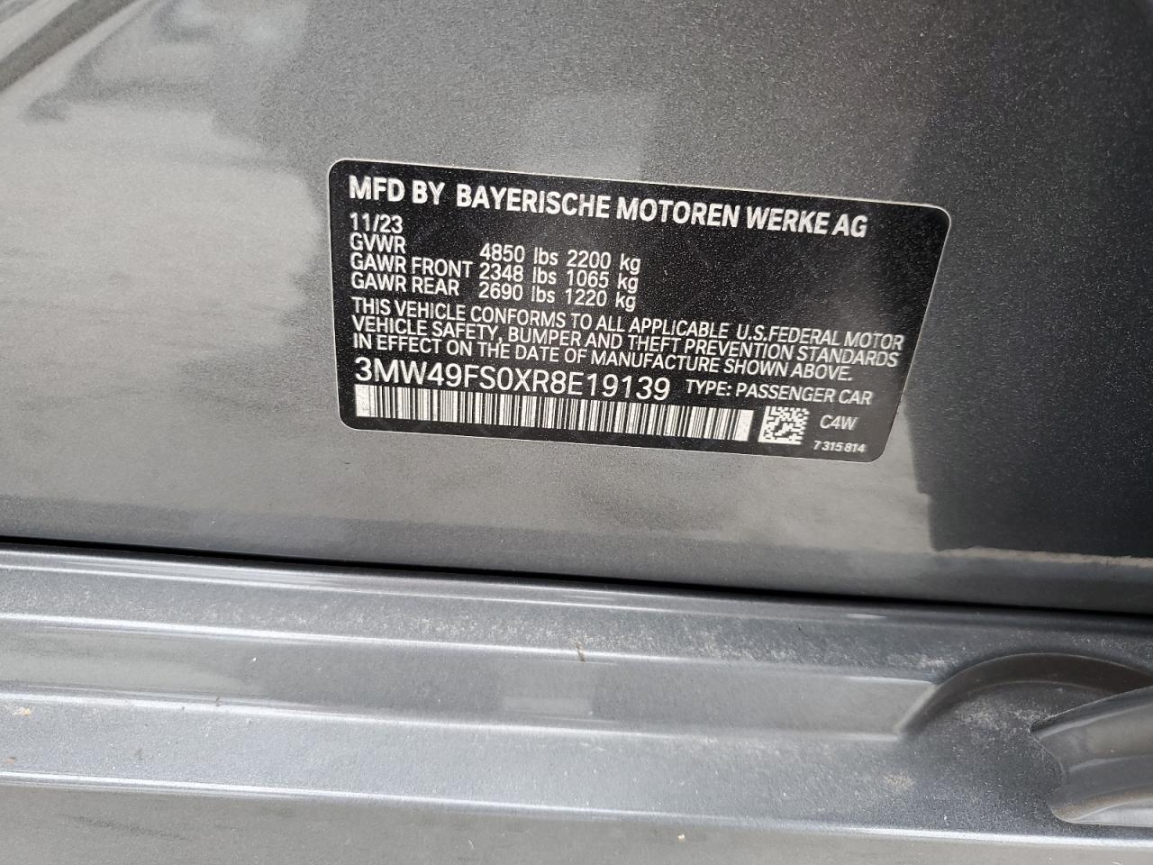 2024 BMW M340I  VIN:3MW49FS0XR8E19139