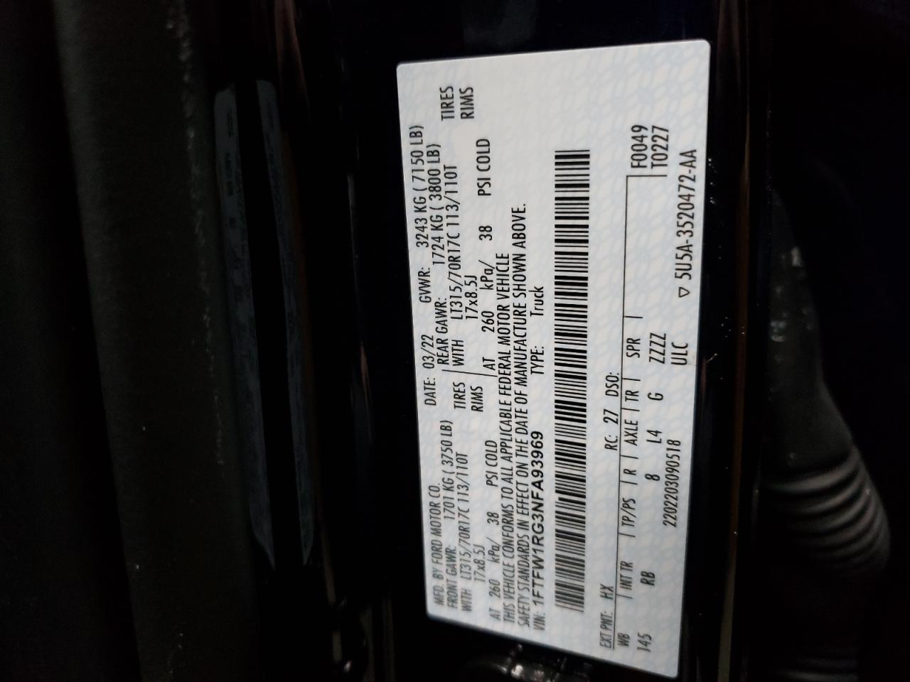2022 FORD F150 RAPTOR VIN:1FTFW1RG3NFA93969