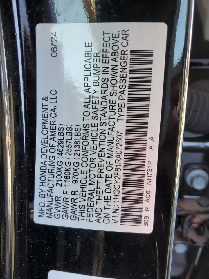 2024 HONDA ACCORD TOURING HYBRID VIN:1HGCY2F81RA072607