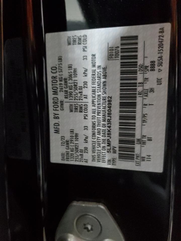 2024 LINCOLN NAUTILUS RESERVE VIN:5LMPJ8K43RJ804982