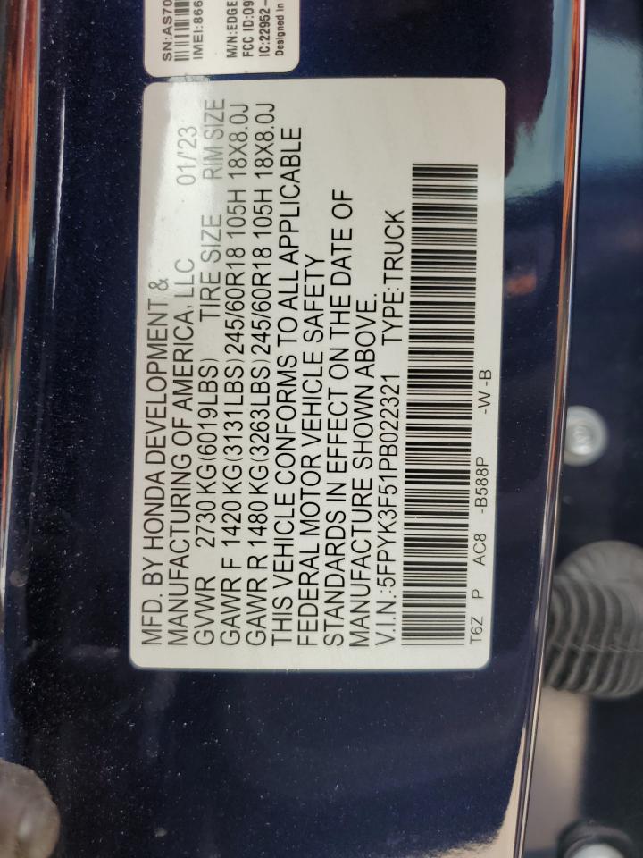 2023 HONDA RIDGELINE RTL VIN:5FPYK3F51PB022321