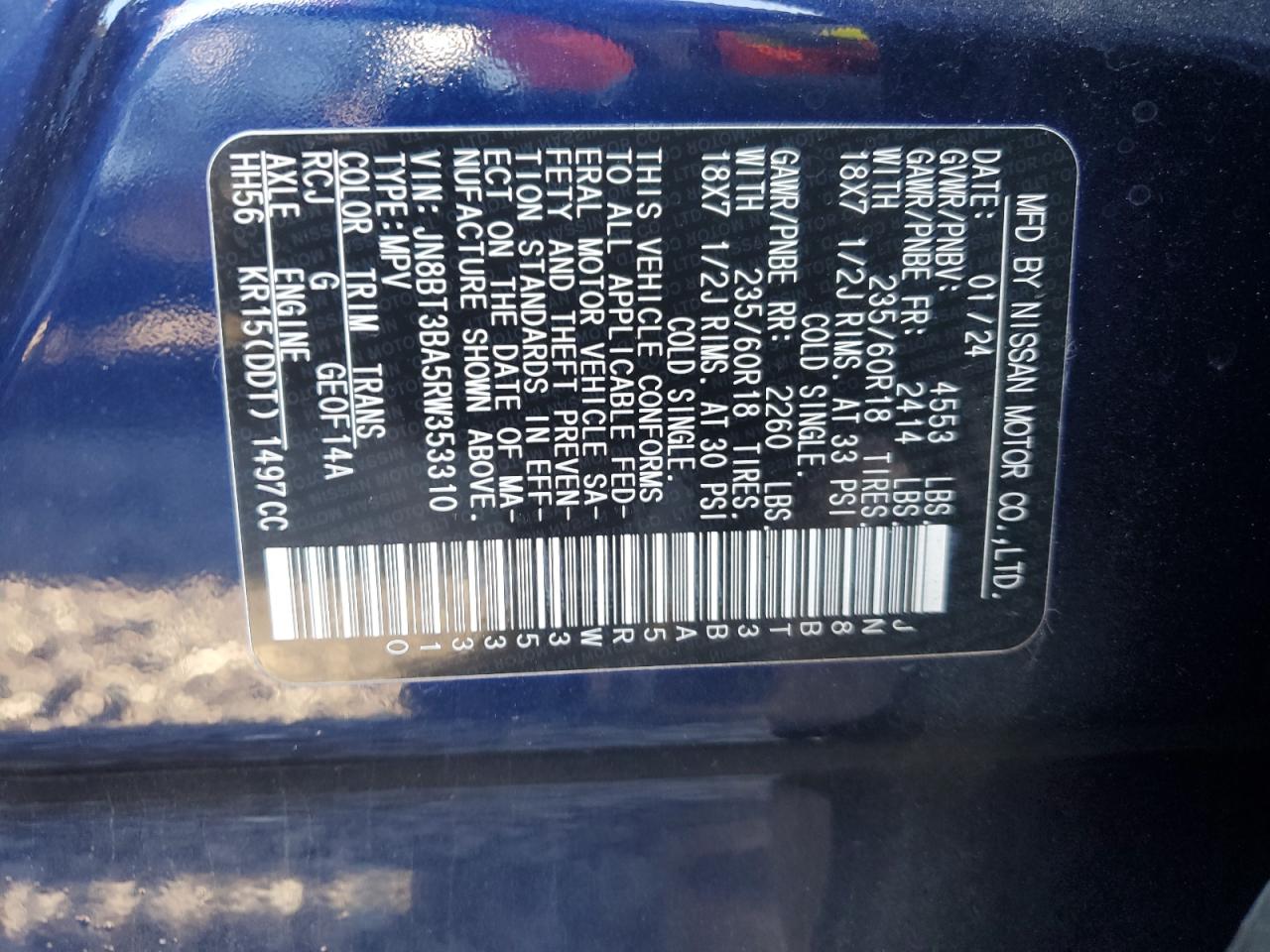2024 NISSAN ROGUE SV VIN:JN8BT3BA5RW353310