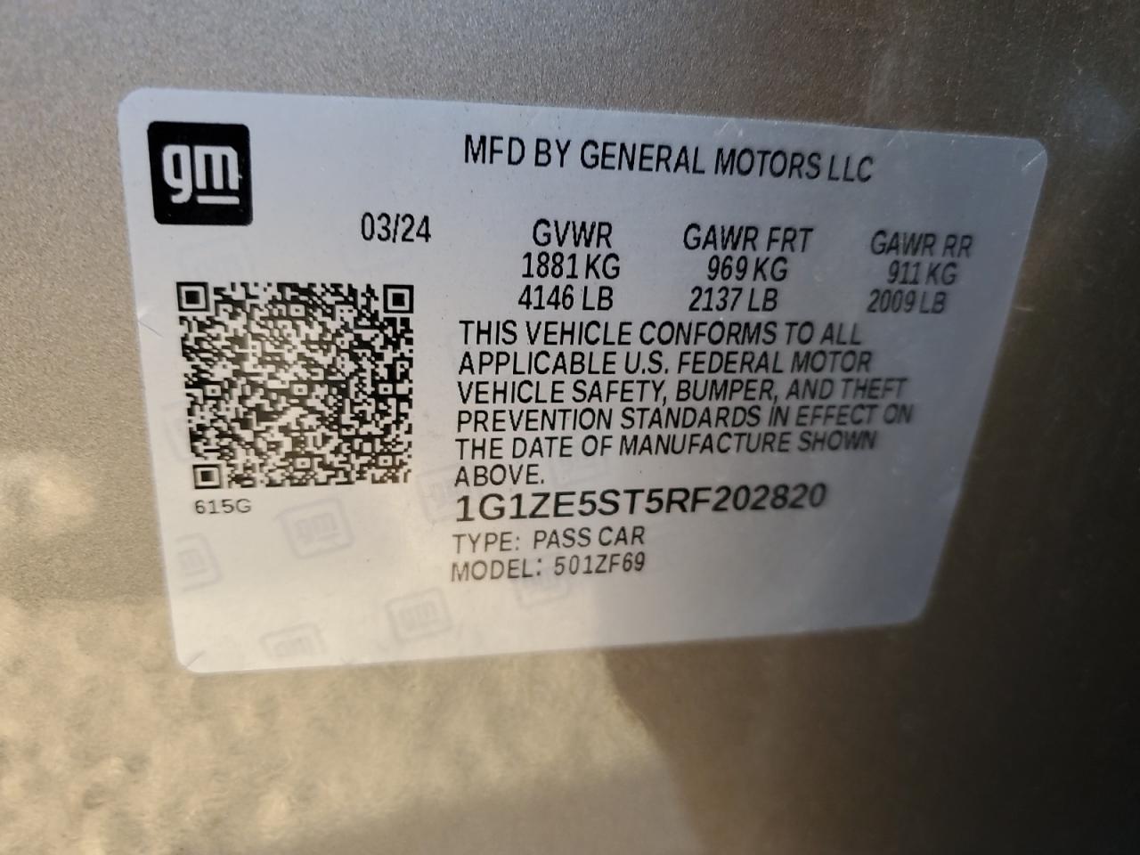 2024 CHEVROLET MALIBU PREMIER VIN:1G1ZE5ST5RF202820