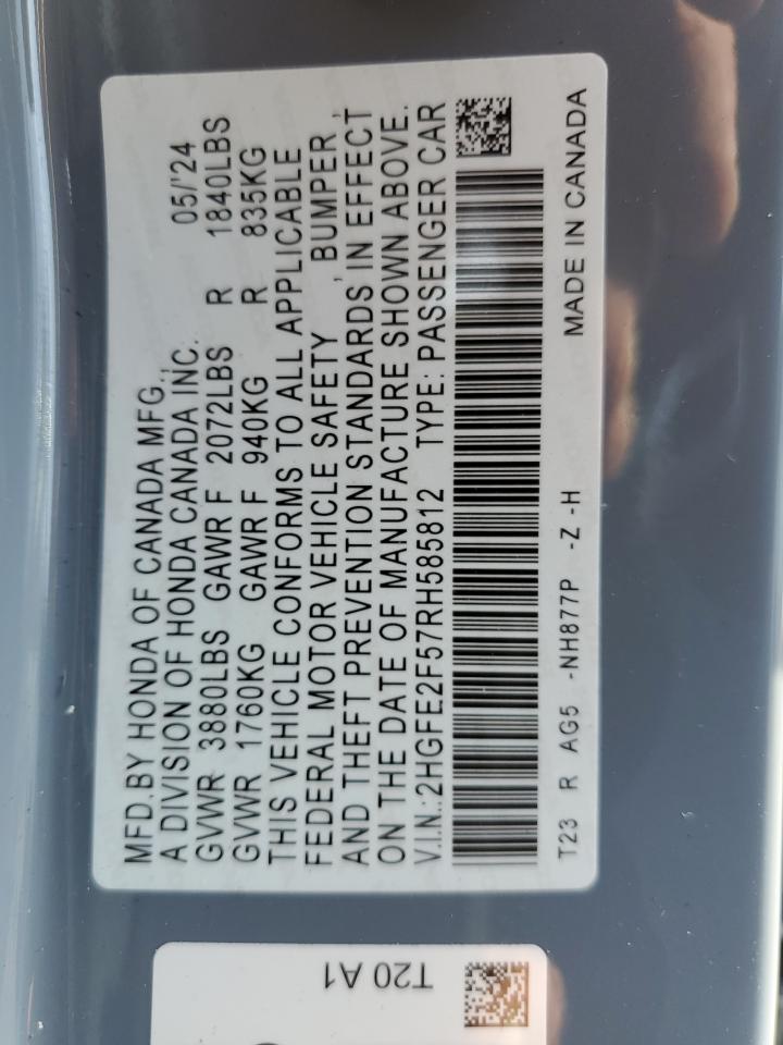 2024 HONDA CIVIC SPORT VIN:2HGFE2F57RH585812