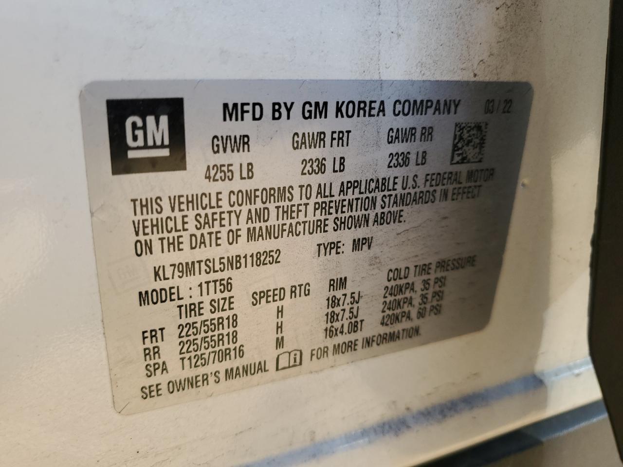 2022 CHEVROLET TRAILBLAZER RS VIN:KL79MTSL5NB118252