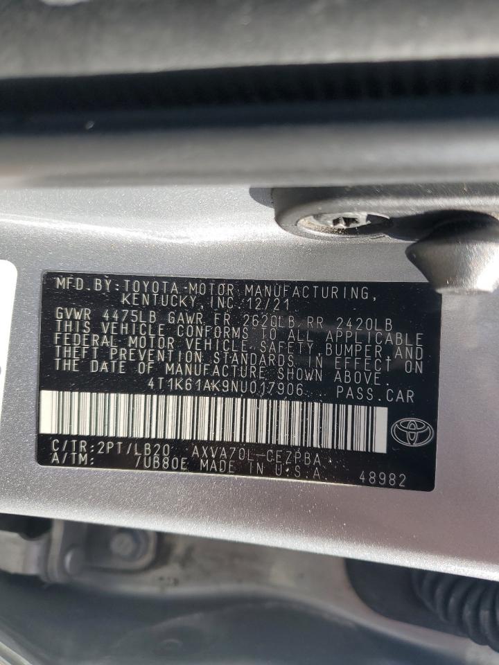 2022 TOYOTA CAMRY XSE VIN:4T1K61AK9NU017906