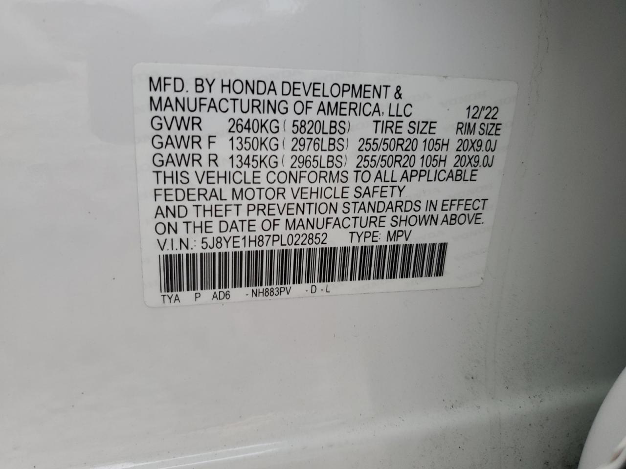 2023 ACURA MDX ADVANCE VIN:5J8YE1H87PL022852