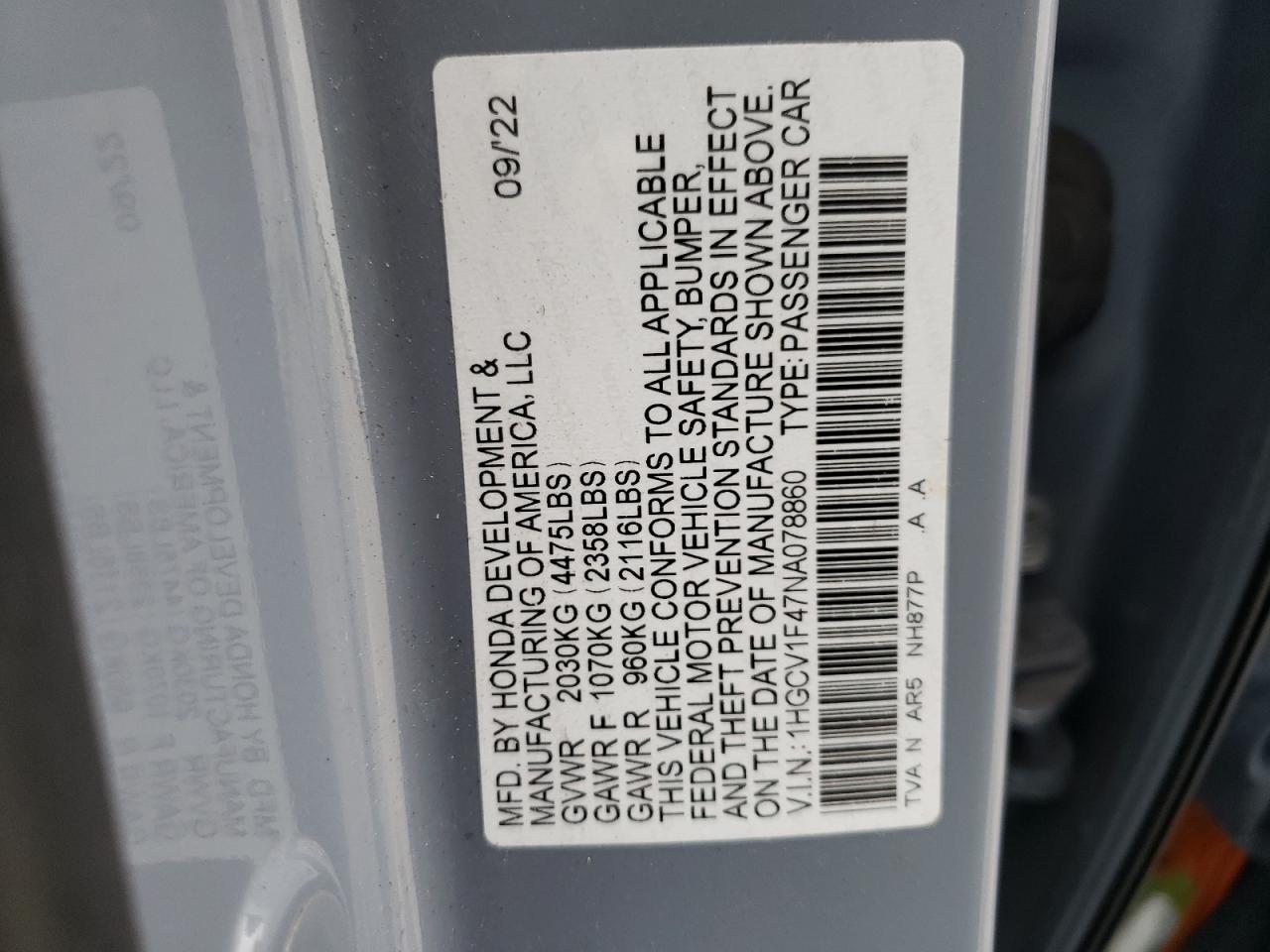 2022 HONDA ACCORD SPORT SE VIN:1HGCV1F47NA078860