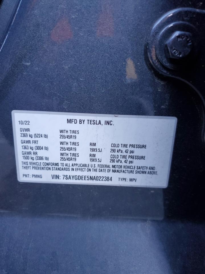 2022 TESLA MODEL Y  VIN:7SAYGDEE5NA022384