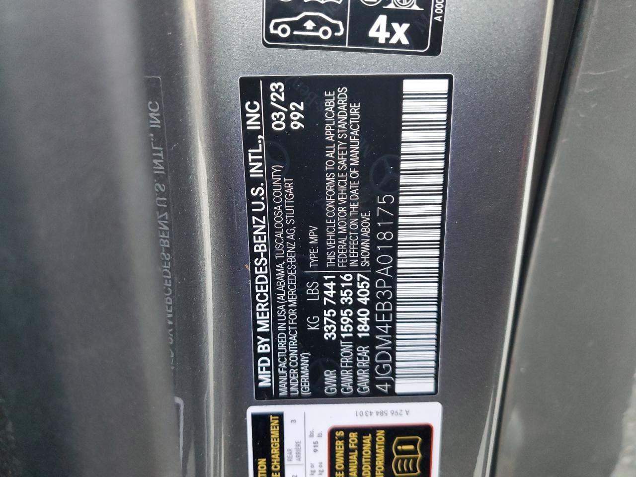 2023 MERCEDES-BENZ EQS SUV 580 4MATIC VIN:4JGDM4EB3PA018175