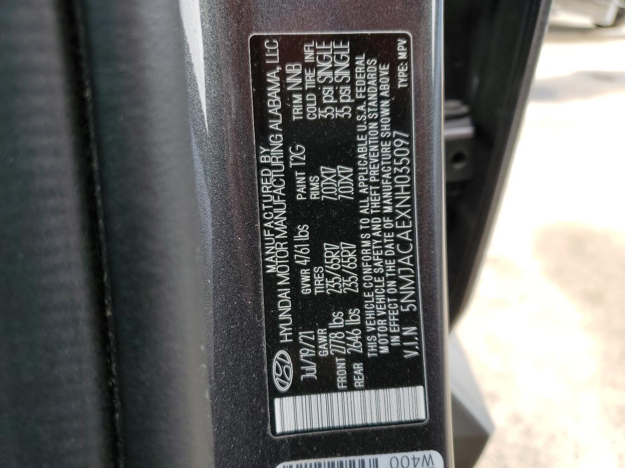 2022 HYUNDAI TUCSON SE VIN:5NMJACAEXNH035097