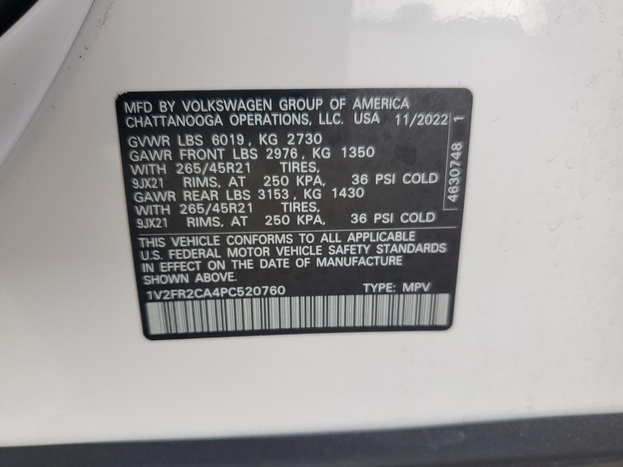2023 VOLKSWAGEN ATLAS SEL PREMIUM R-LINE VIN:1V2FR2CA4PC520760