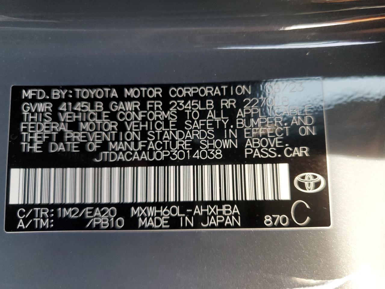 2023 TOYOTA PRIUS LE VIN:JTDACAAU0P3014038