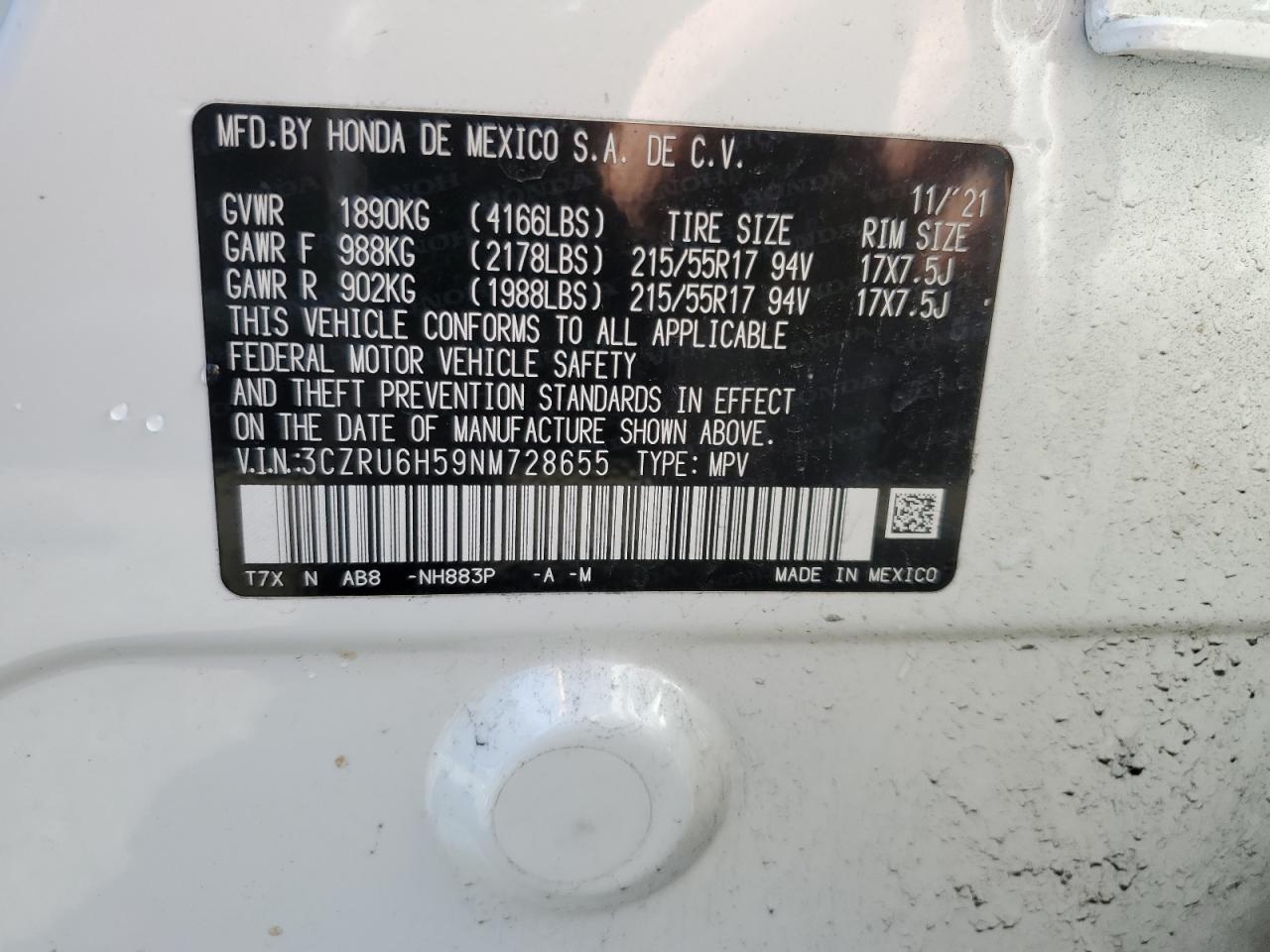 2022 HONDA HR-V EX VIN:3CZRU6H59NM728655