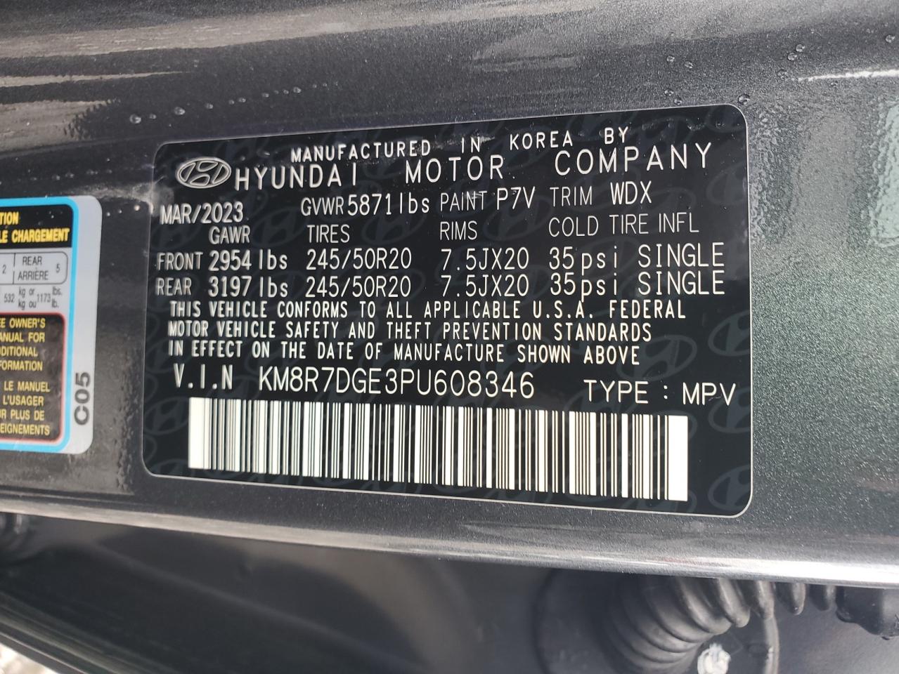 2023 HYUNDAI PALISADE CALLIGRAPHY VIN:KM8R7DGE3PU608346