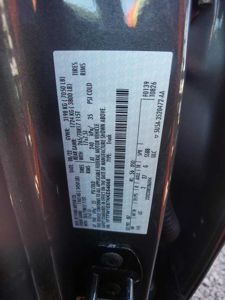 2022 FORD F150 SUPERCREW VIN:1FTFW1E87NKE64668