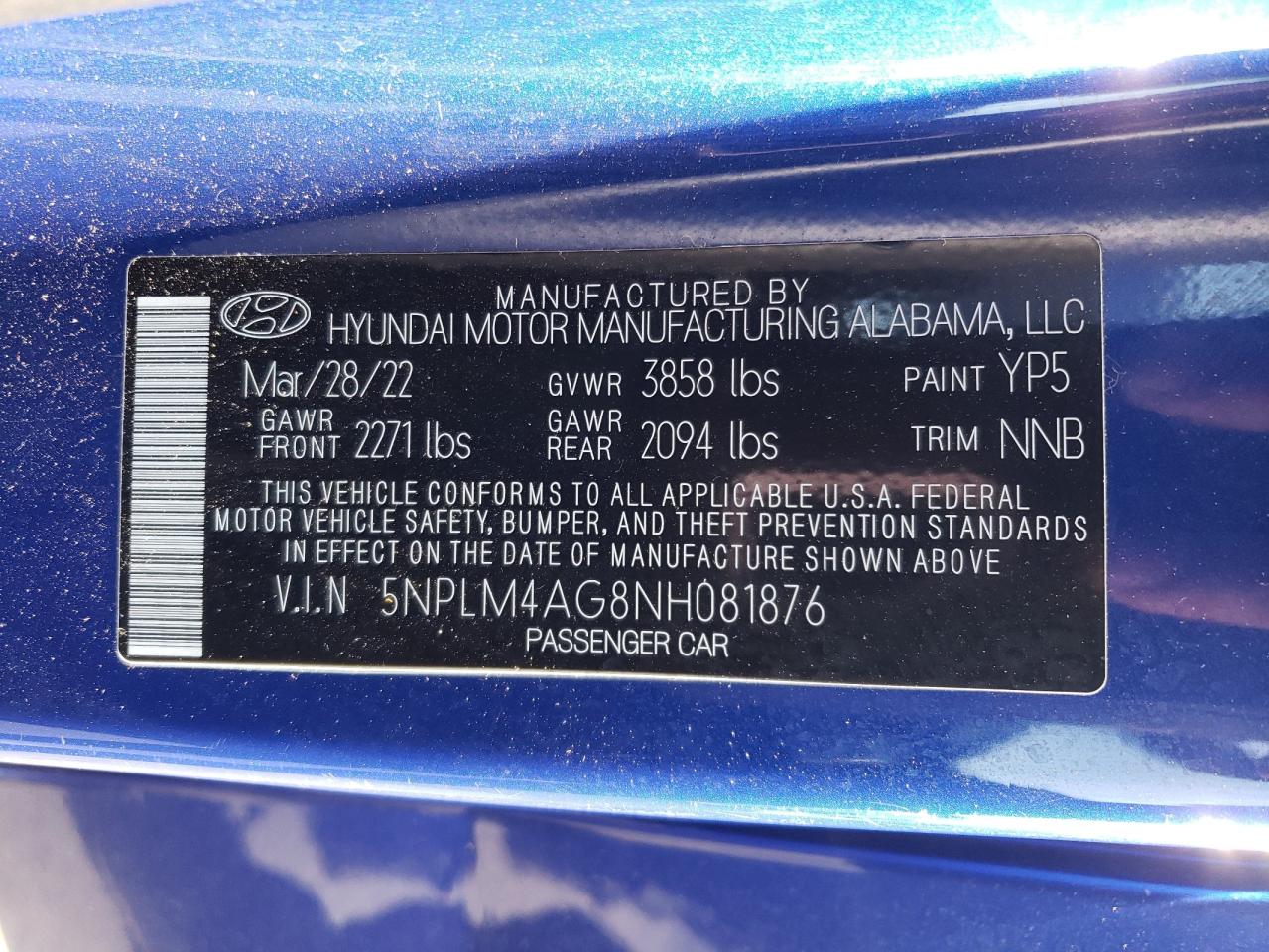 2022 HYUNDAI ELANTRA SEL VIN:5NPLM4AG8NH081876
