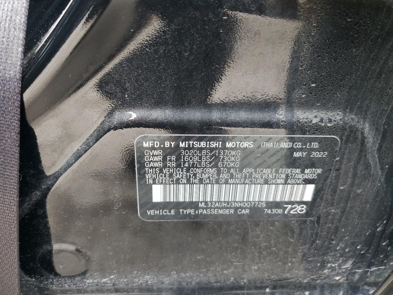 2022 MITSUBISHI MIRAGE ES VIN:ML32AUHJ3NH007725