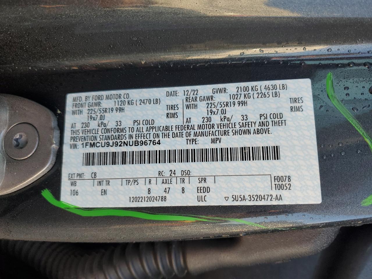 2022 FORD ESCAPE TITANIUM VIN:1FMCU9J92NUB96764