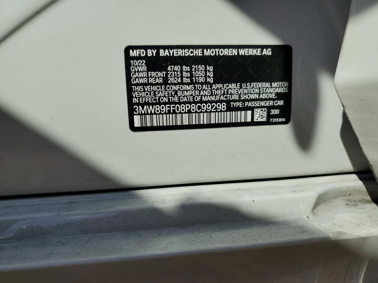 2023 BMW 330XI  VIN:3MW89FF08P8C99298