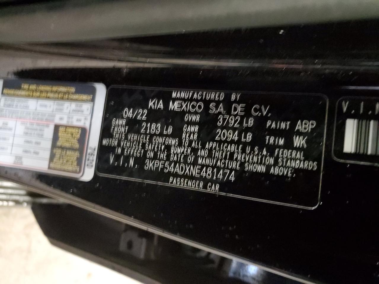 2022 KIA FORTE GT LINE VIN:3KPF54ADXNE481474