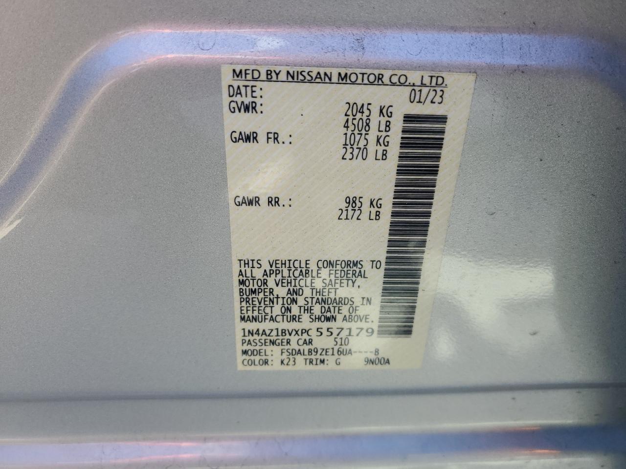 2023 NISSAN LEAF S VIN:1N4AZ1BVXPC557179