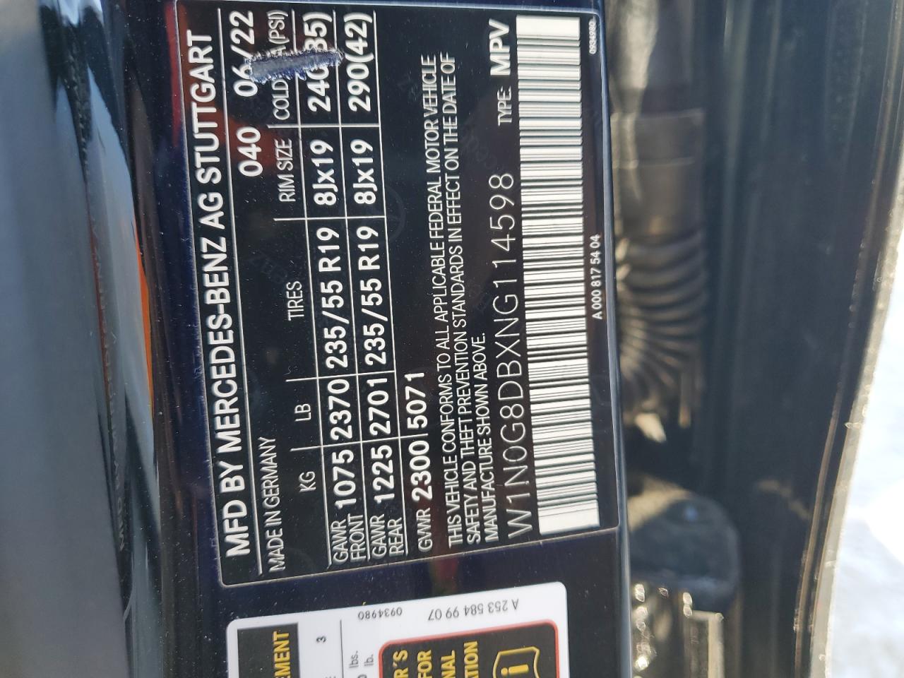 2022 MERCEDES-BENZ GLC 300 VIN:W1N0G8DBXNG114598